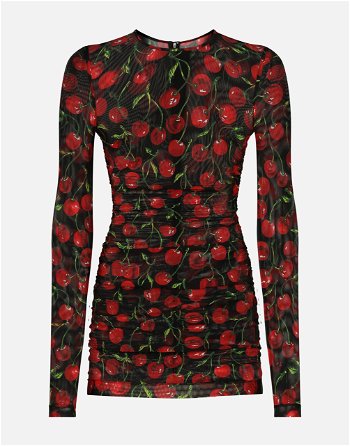 Dolce & Gabbana Long-sleeved Tulle Top With Cherry Print And Draping F8U39TFSUA2HN4IY